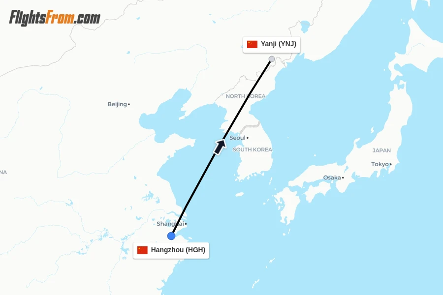 Flights from Hangzhou to Yanji route map