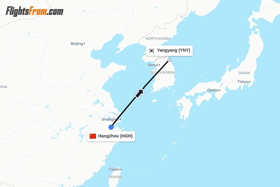 Flights from Hangzhou to Yangyang route map