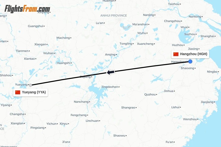 Flights from Hangzhou to Yueyang route map