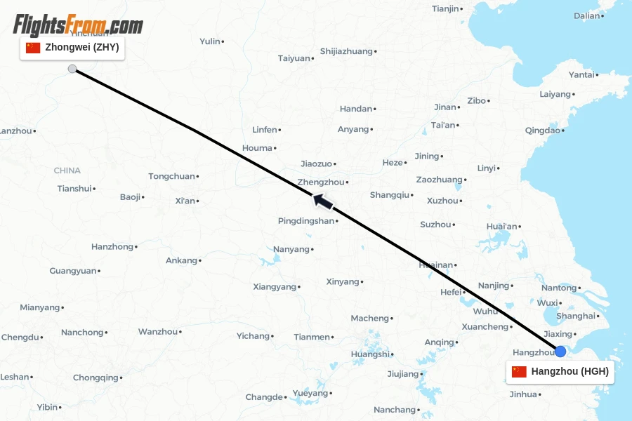 Flights from Hangzhou to Zhongwei route map