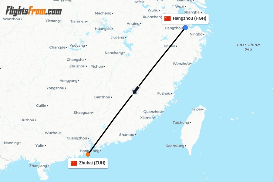 Flights from Hangzhou to Zhuhai route map