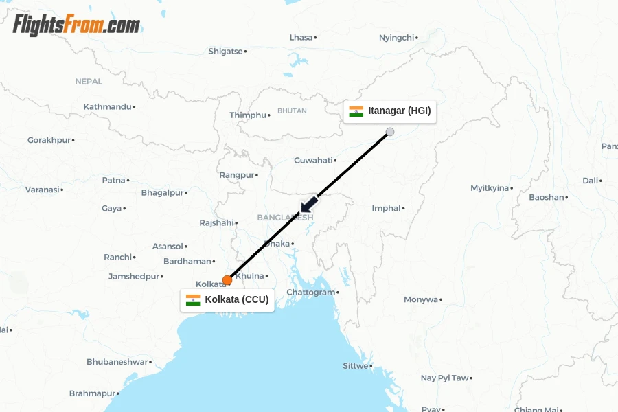 Flights from Itanagar to Kolkata route map