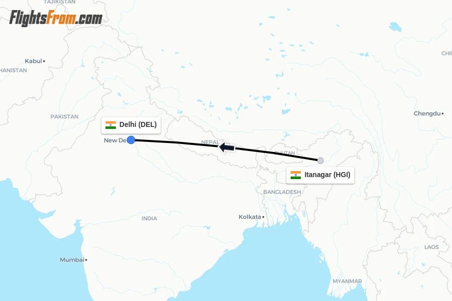 Flights from Itanagar to Delhi route map