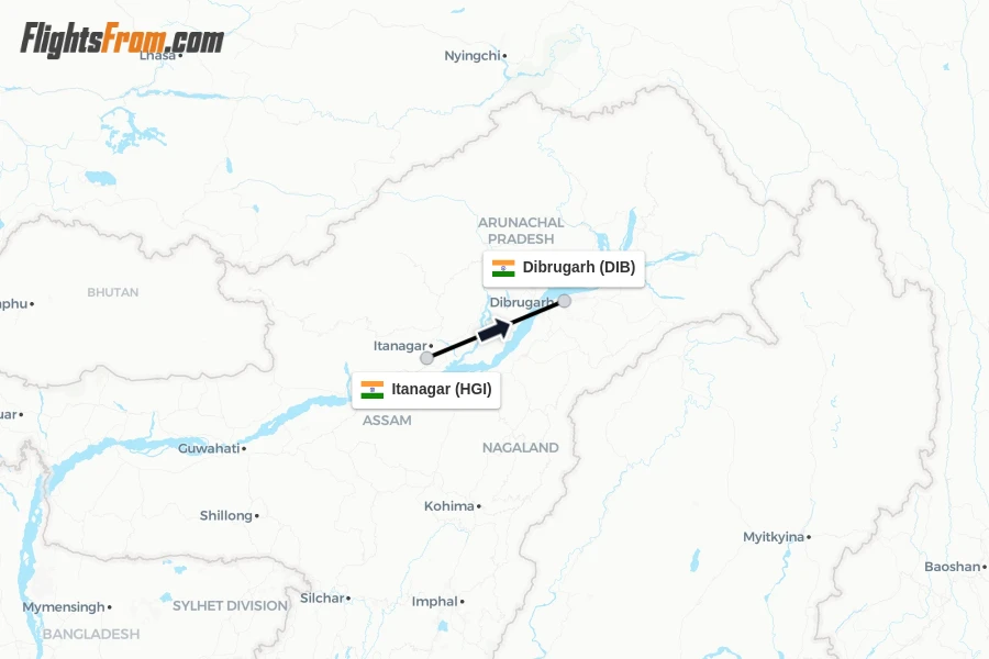 Flights from Itanagar to Dibrugarh route map