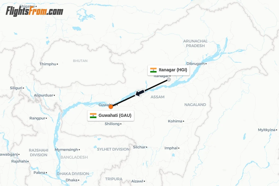 Flights from Itanagar to Guwahati route map
