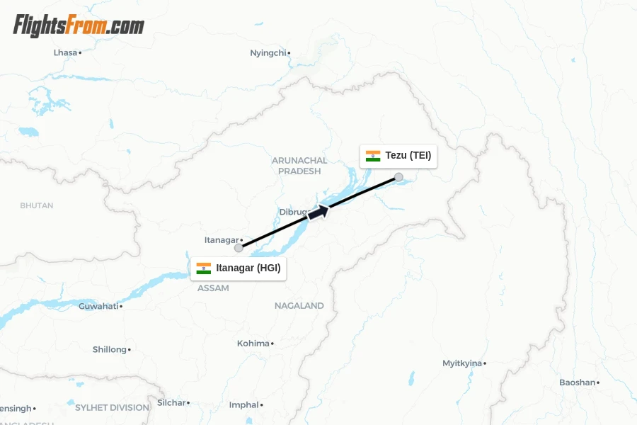 Flights from Itanagar to Tezu route map