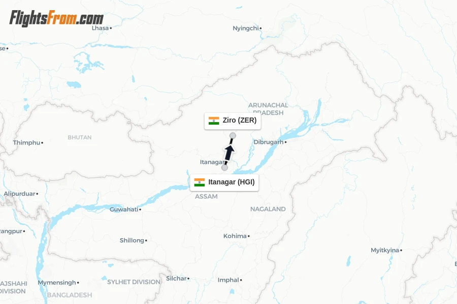 Flights from Itanagar to Ziro route map