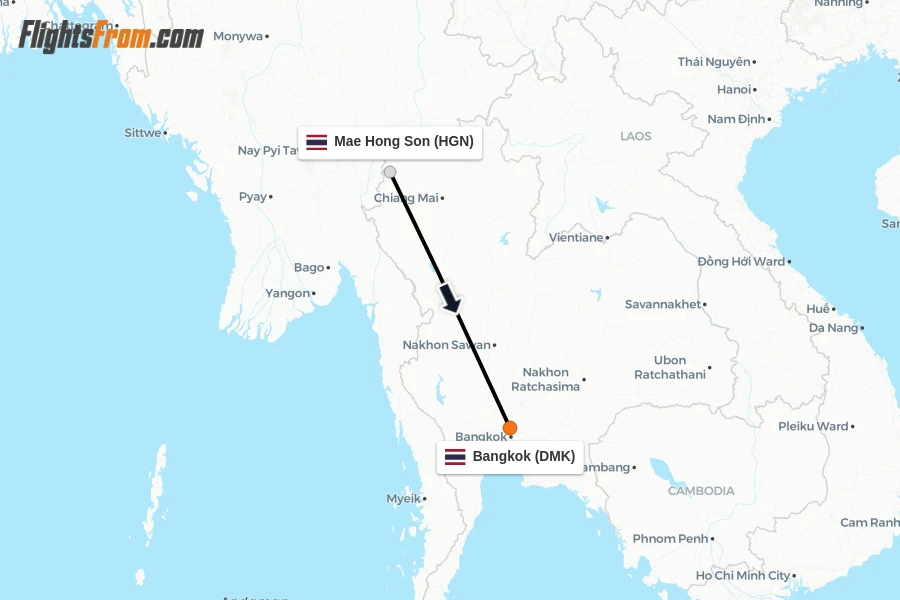 Flights from Mae Hong Son to Bangkok route map