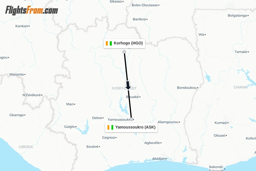 Flights from Korhogo to Yamoussoukro route map