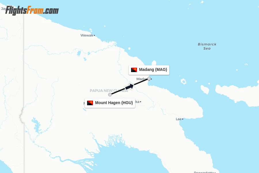 Flights from Mount Hagen to Madang route map