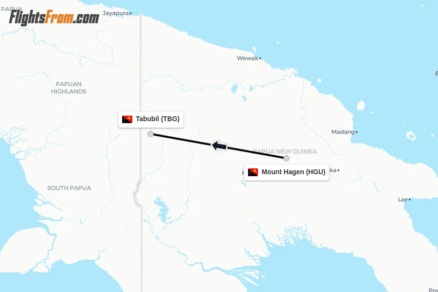 Flights from Mount Hagen to Tabubil route map