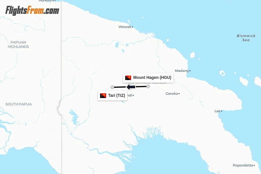 Flights from Mount Hagen to Tari route map