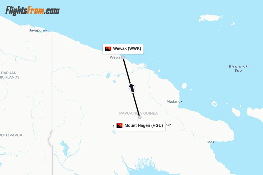 Flights from Mount Hagen to Wewak route map