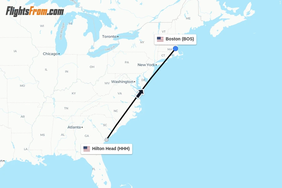 Flights from Hilton Head to Boston route map