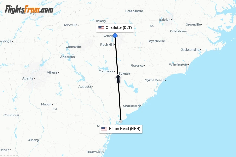 Flights from Hilton Head to Charlotte route map