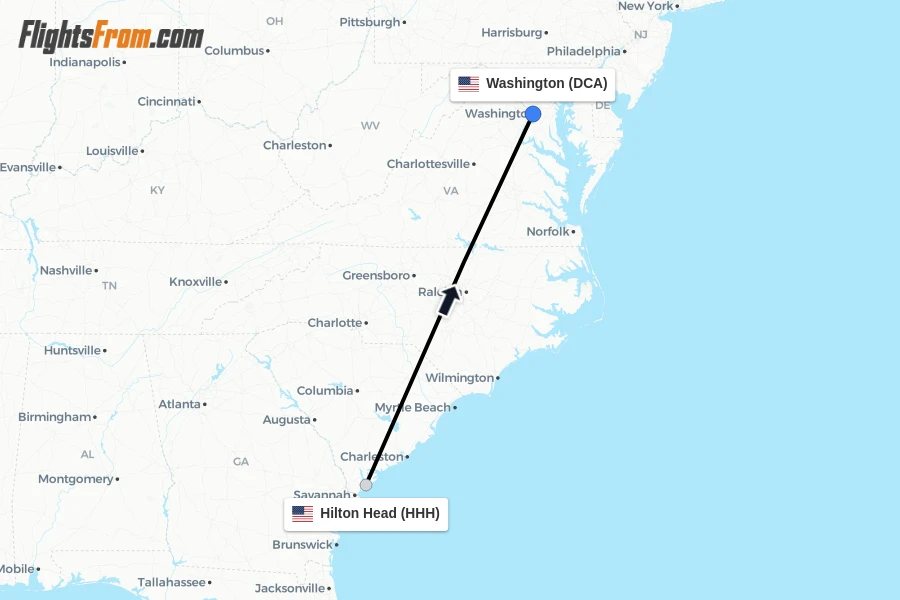 Flights from Hilton Head to Washington route map