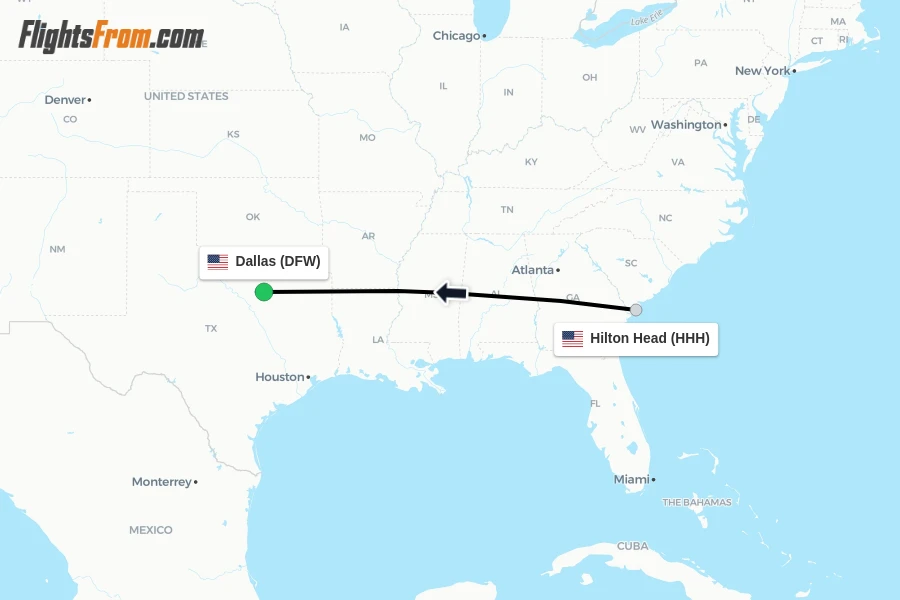 Flights from Hilton Head to Dallas route map