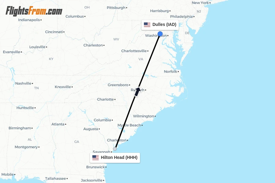 Flights from Hilton Head to Dulles route map