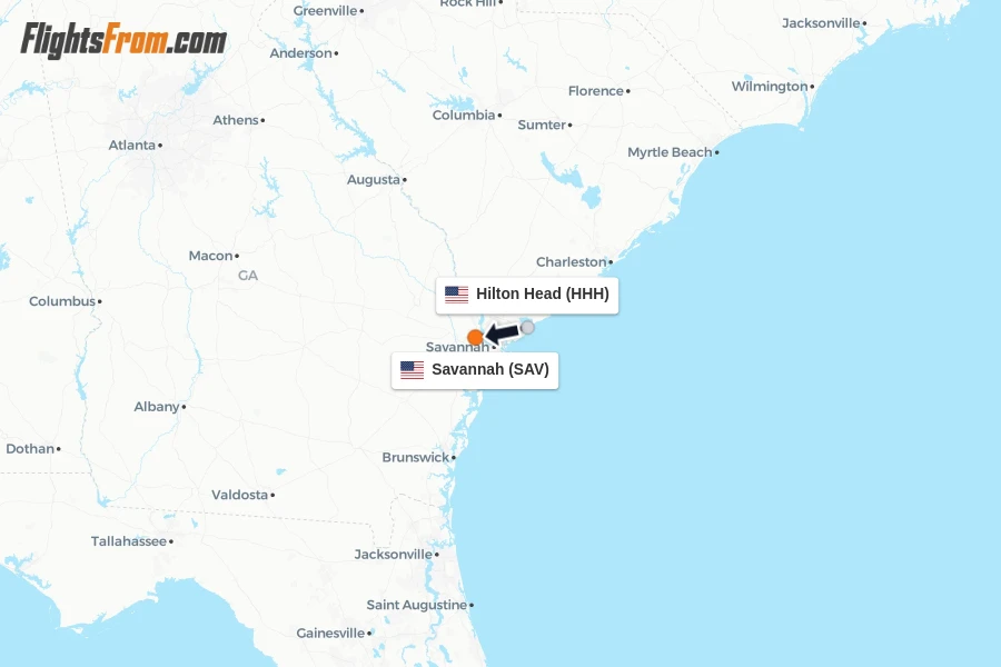 Flights from Hilton Head to Savannah route map