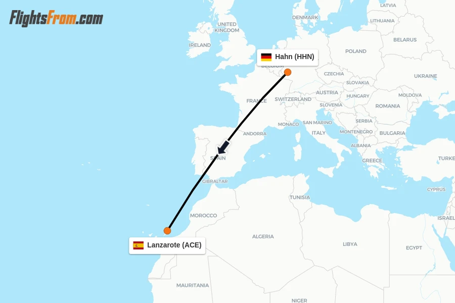 Flights from Hahn to Lanzarote route map