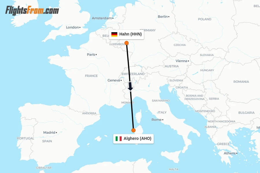Flights from Hahn to Alghero route map
