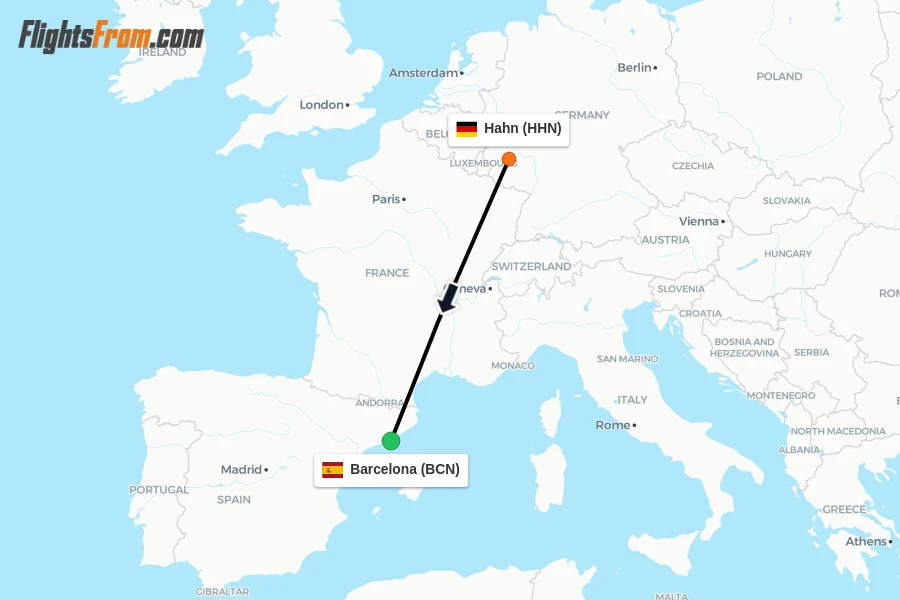 Flights from Hahn to Barcelona route map