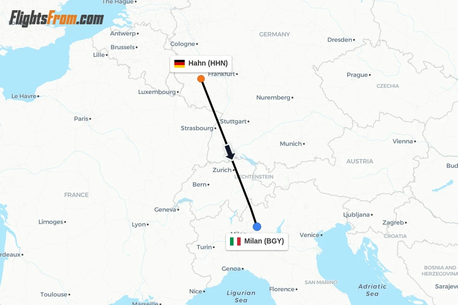 Flights from Hahn to Milan route map