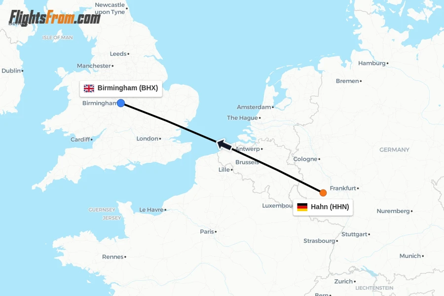 Flights from Hahn to Birmingham route map