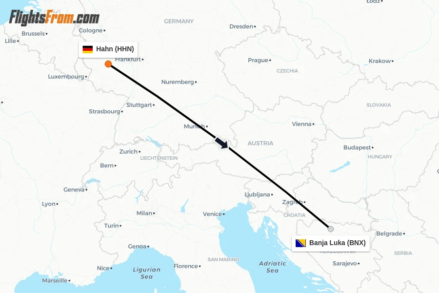Flights from Hahn to Banja Luka route map