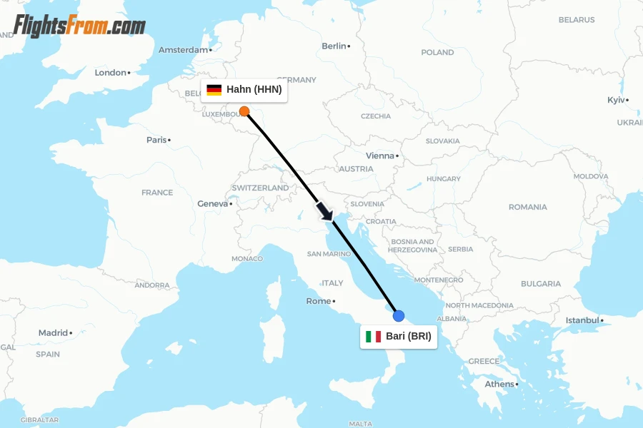 Flights from Hahn to Bari route map