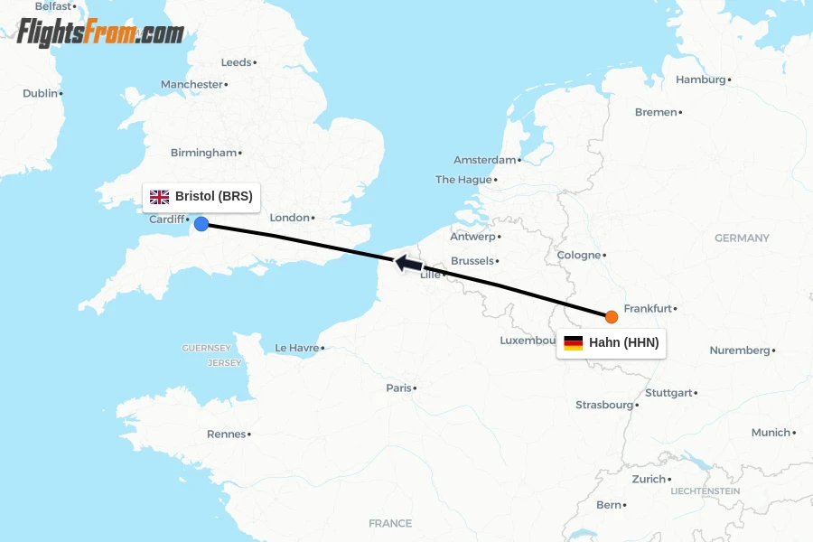 Flights from Hahn to Bristol route map