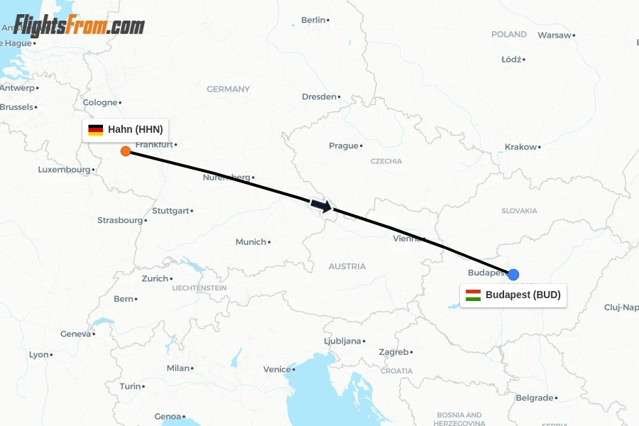 Flights from Hahn to Budapest route map