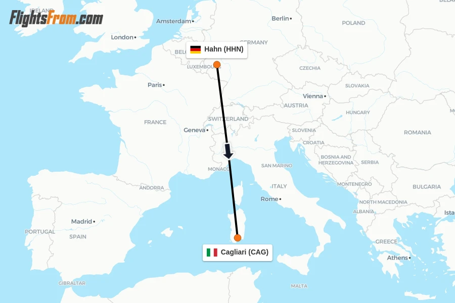 Flights from Hahn to Cagliari route map