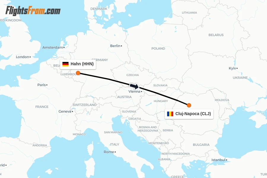 Flights from Hahn to Cluj-Napoca route map