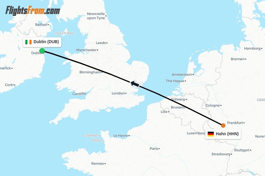 Flights from Hahn to Dublin route map