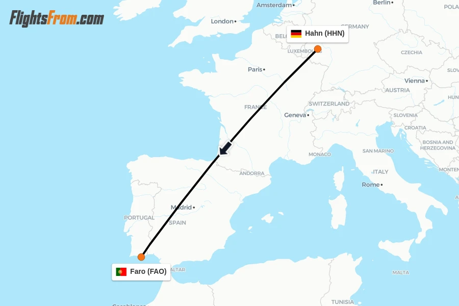Flights from Hahn to Faro route map
