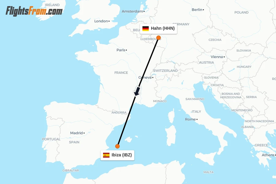 Flights from Hahn to Ibiza route map