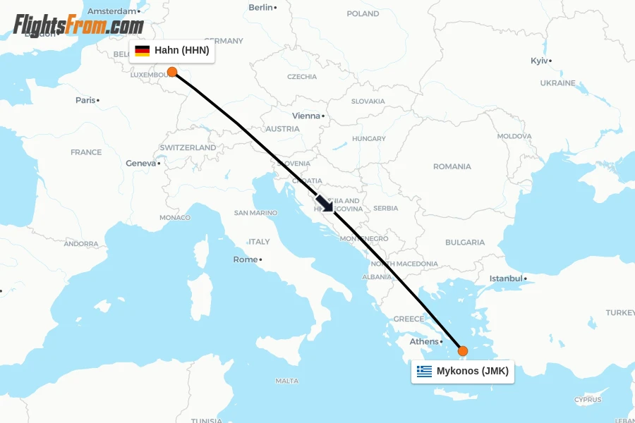 Flights from Hahn to Mykonos route map