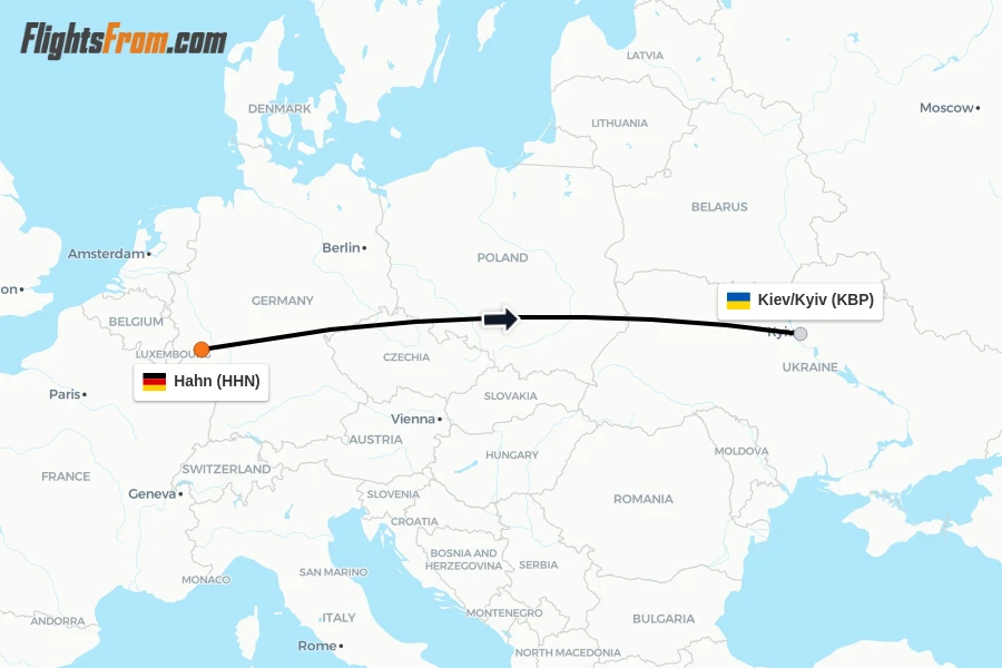 Flights from Hahn to Kiev/Kyiv route map