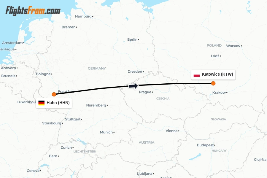 Flights from Hahn to Katowice route map