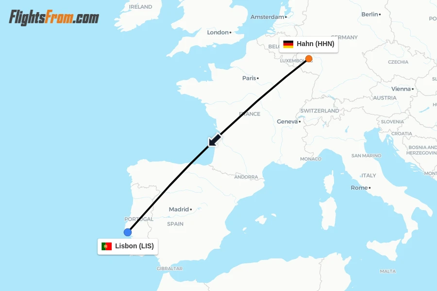 Flights from Hahn to Lisbon route map