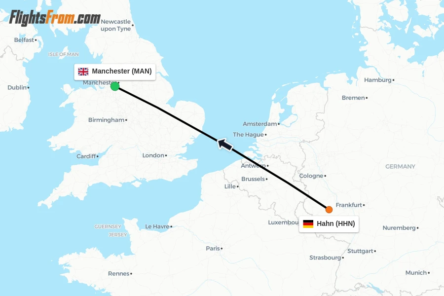 Flights from Hahn to Manchester route map