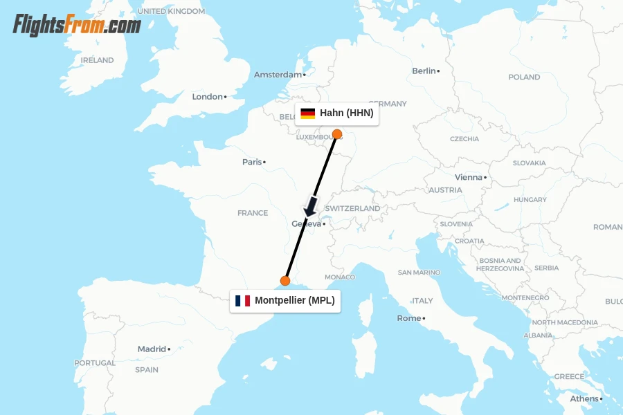 Flights from Hahn to Montpellier route map