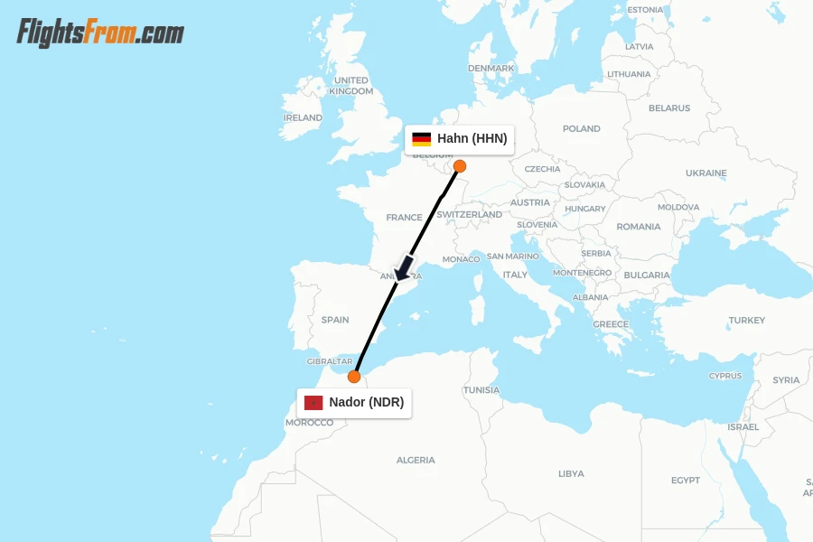Flights from Hahn to Nador route map