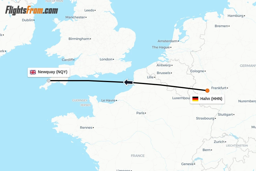Flights from Hahn to Newquay route map