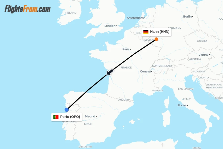 Flights from Hahn to Porto route map
