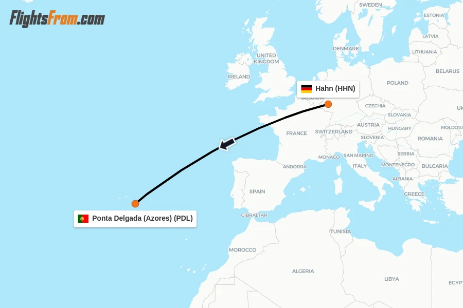 Flights from Hahn to Ponta Delgada (Azores) route map