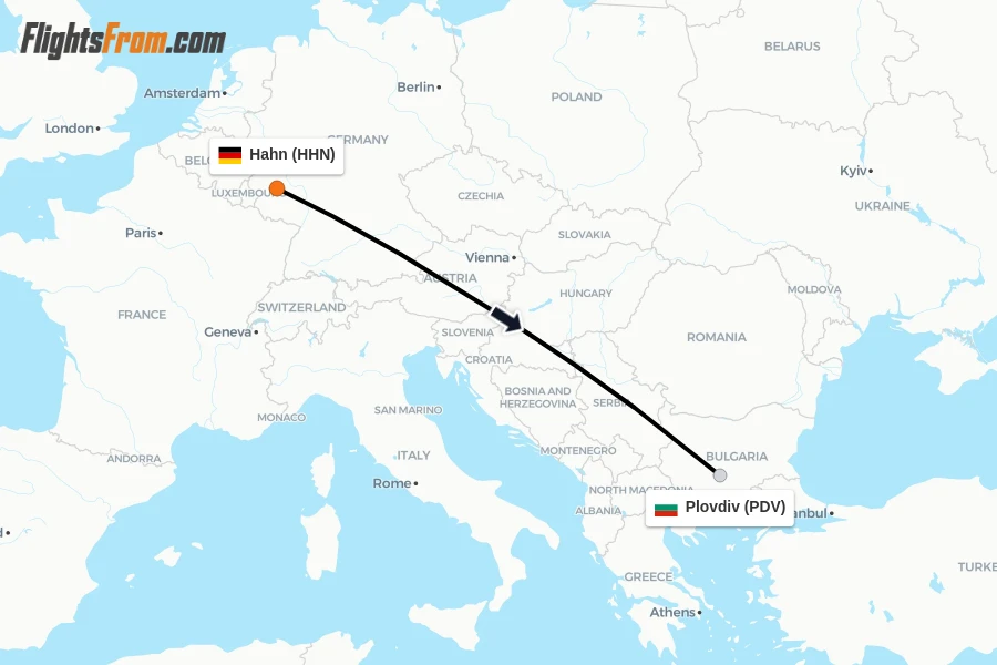 Flights from Hahn to Plovdiv route map
