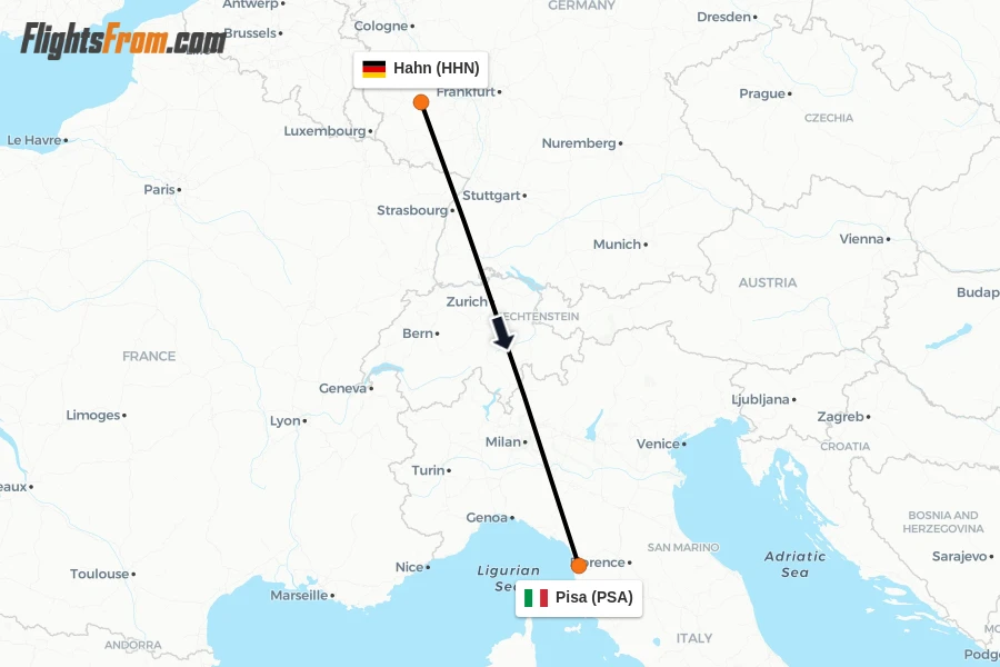 Flights from Hahn to Pisa route map