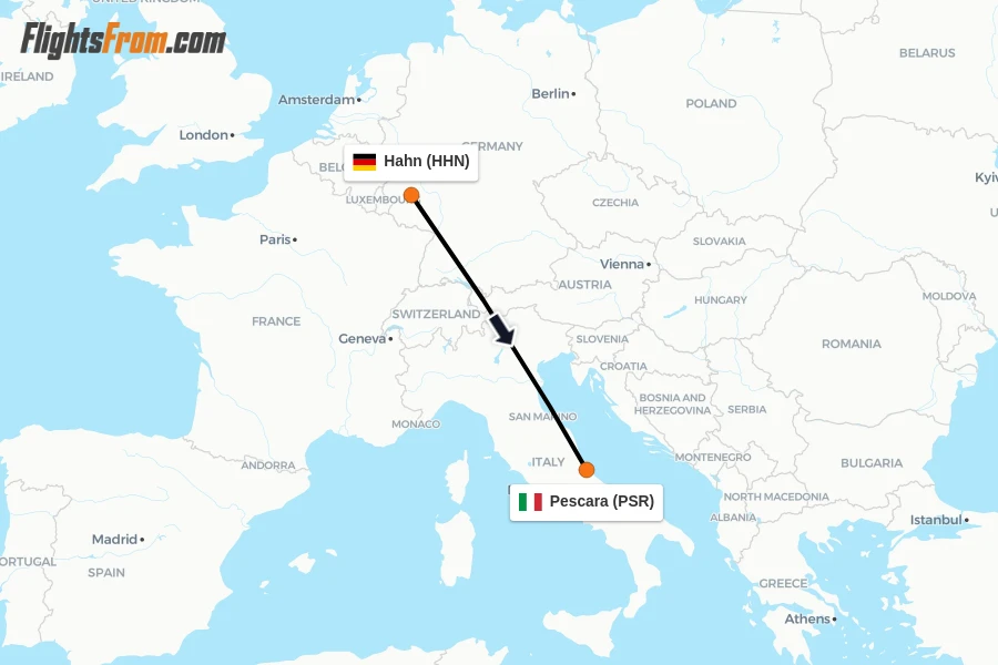 Flights from Hahn to Pescara route map